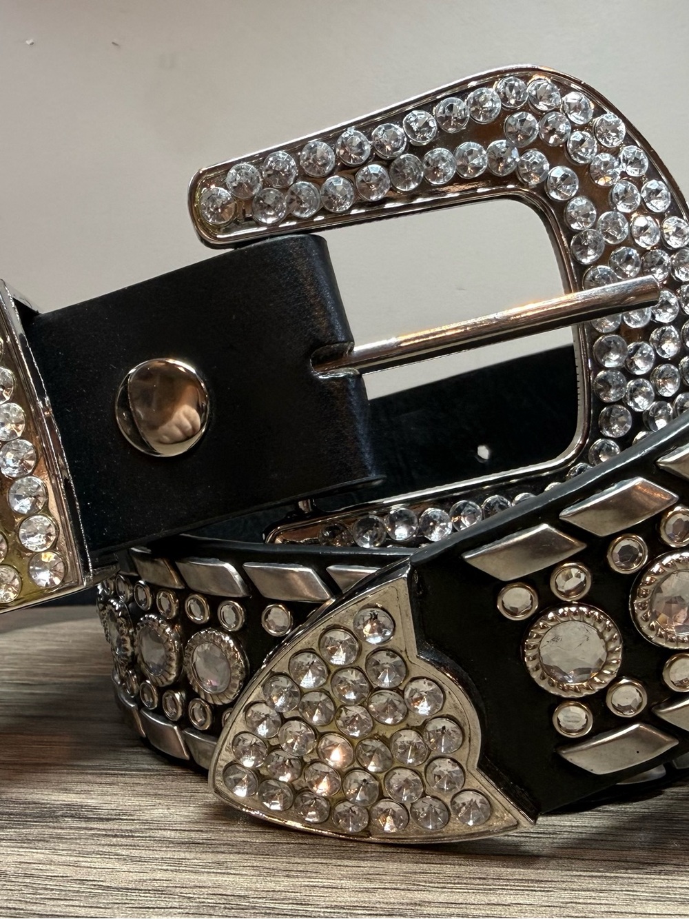 Rhinestone Studded Black Leather Western Belt